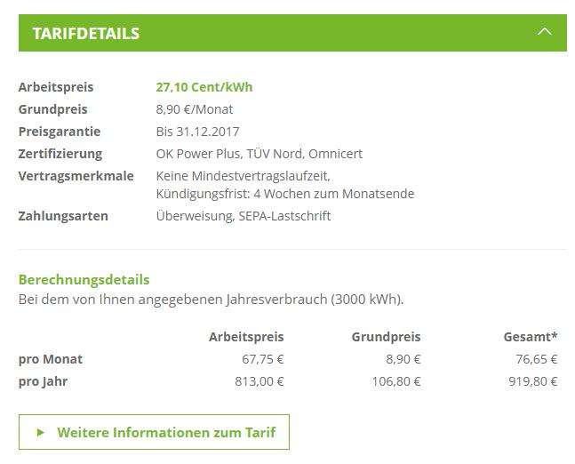 Greenpeace Energy Tarifdetails (Screenshot greenpeace-energy.de) 