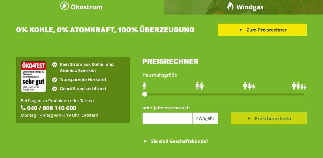 Greenpeace Energy Tarifrechner